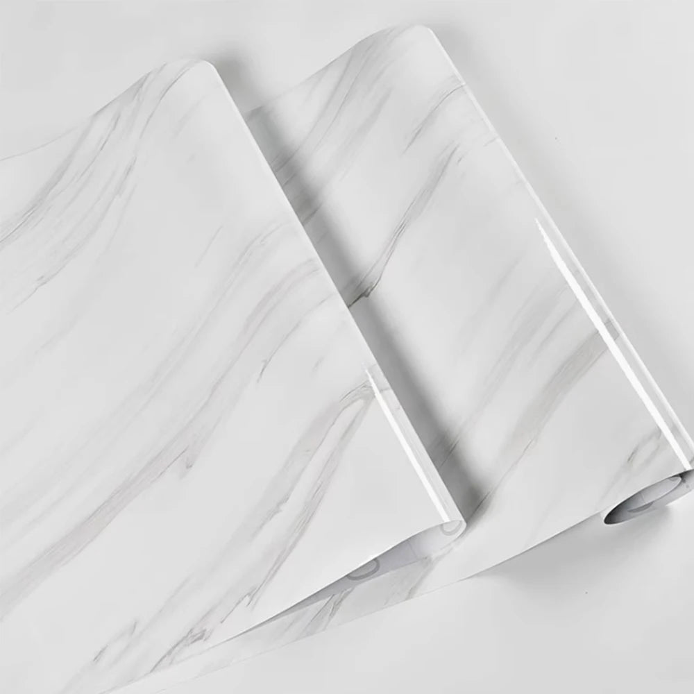 Roll of white marble peel-and-stick wallpaper showing gray veining