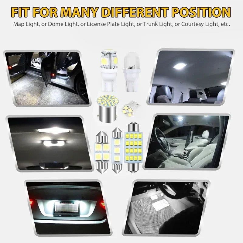 A collection of car interior LED lights including map, dome, license plate, trunk, and courtesy lights.