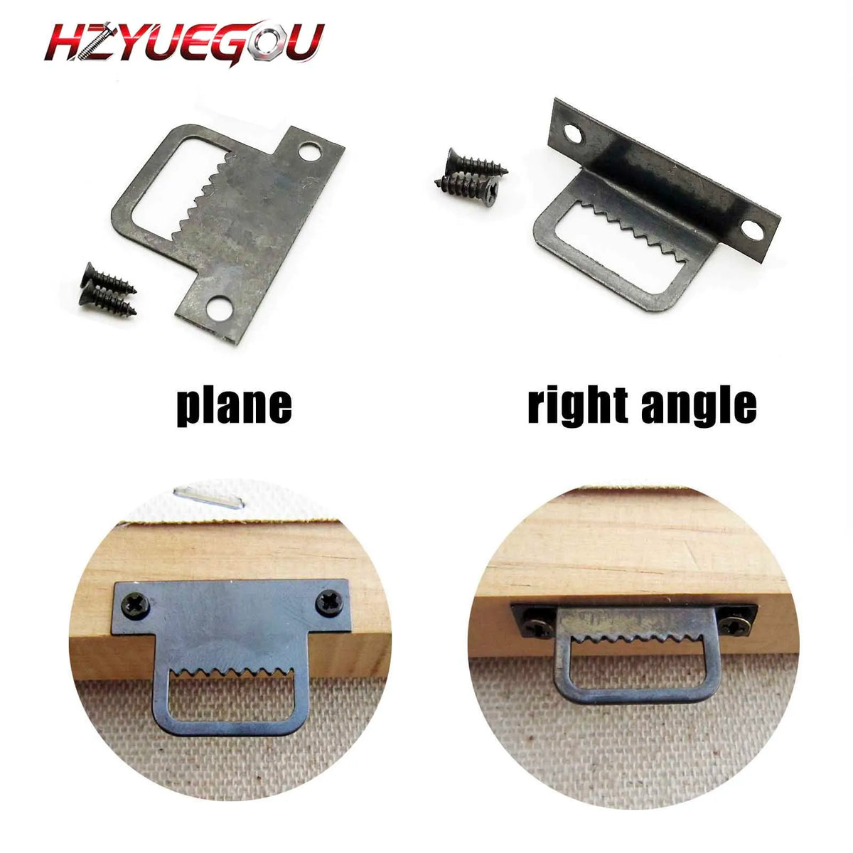 A set of iron sawtooth picture frame hangers and brackets, including plane and right angle designs.