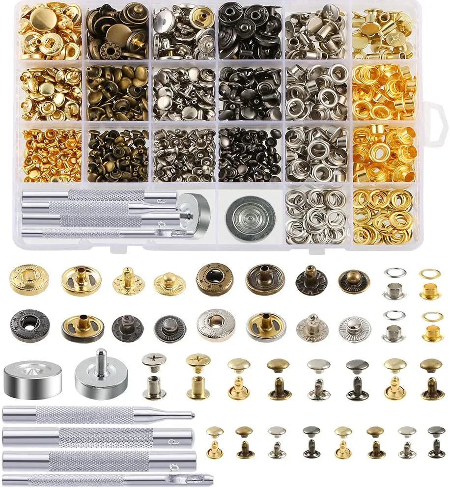 Metal Double Cap Rivets with Setting Tool Kit for Leathercraft & Repairs