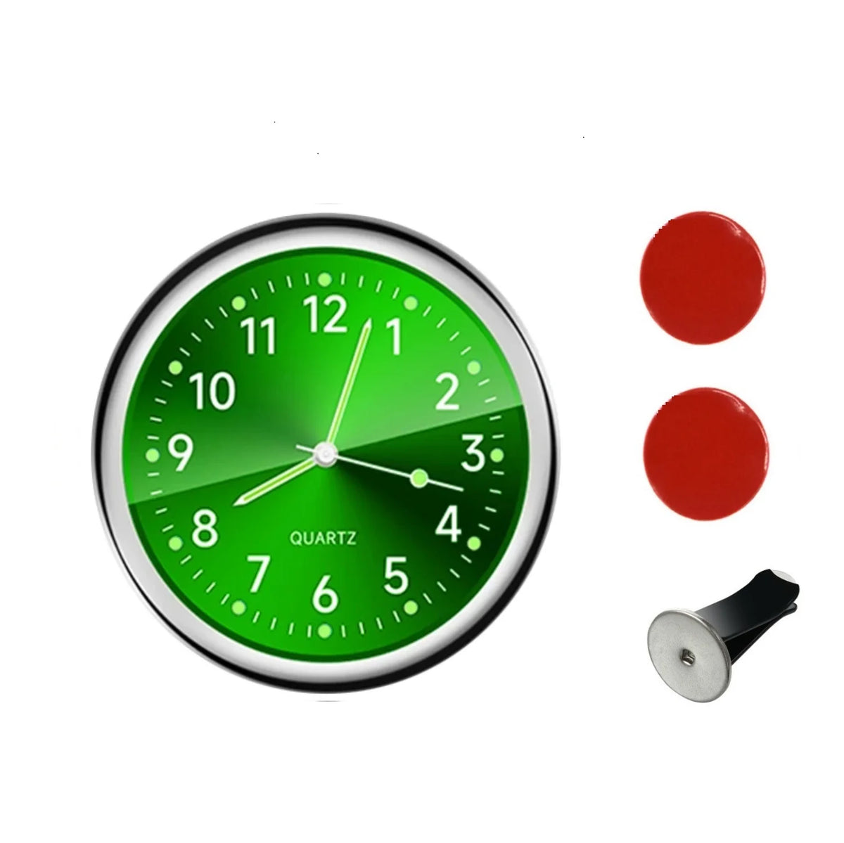 A green mini car vent quartz clock with luminous hands and a red button.