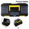 A black plastic toolbox with two clear plastic compartments and yellow latches, shown from the top and side views.