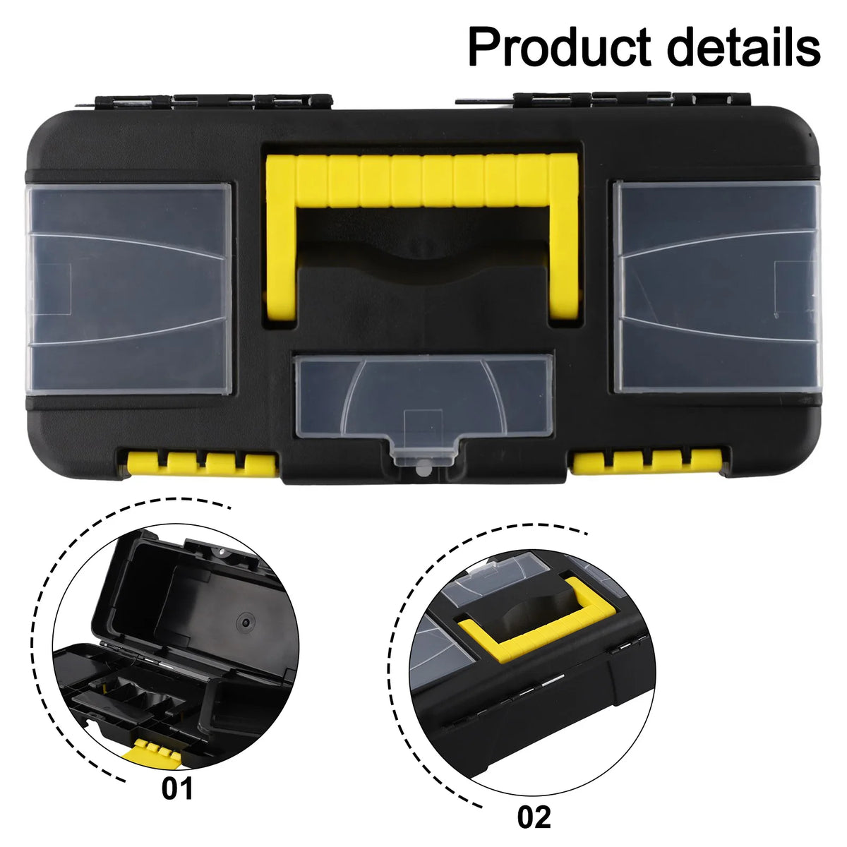A black plastic toolbox with two clear plastic compartments and yellow latches, shown from the top and side views.