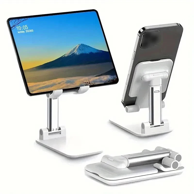 Verstellbares faltbares Handy- und Tablet-Ständer mit silberner Basis und weißer Ladehalterung.