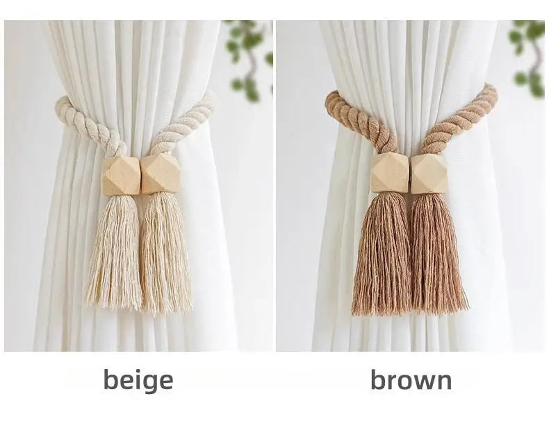 Handwoven Boho Curtain Tiebacks with Wooden Beads