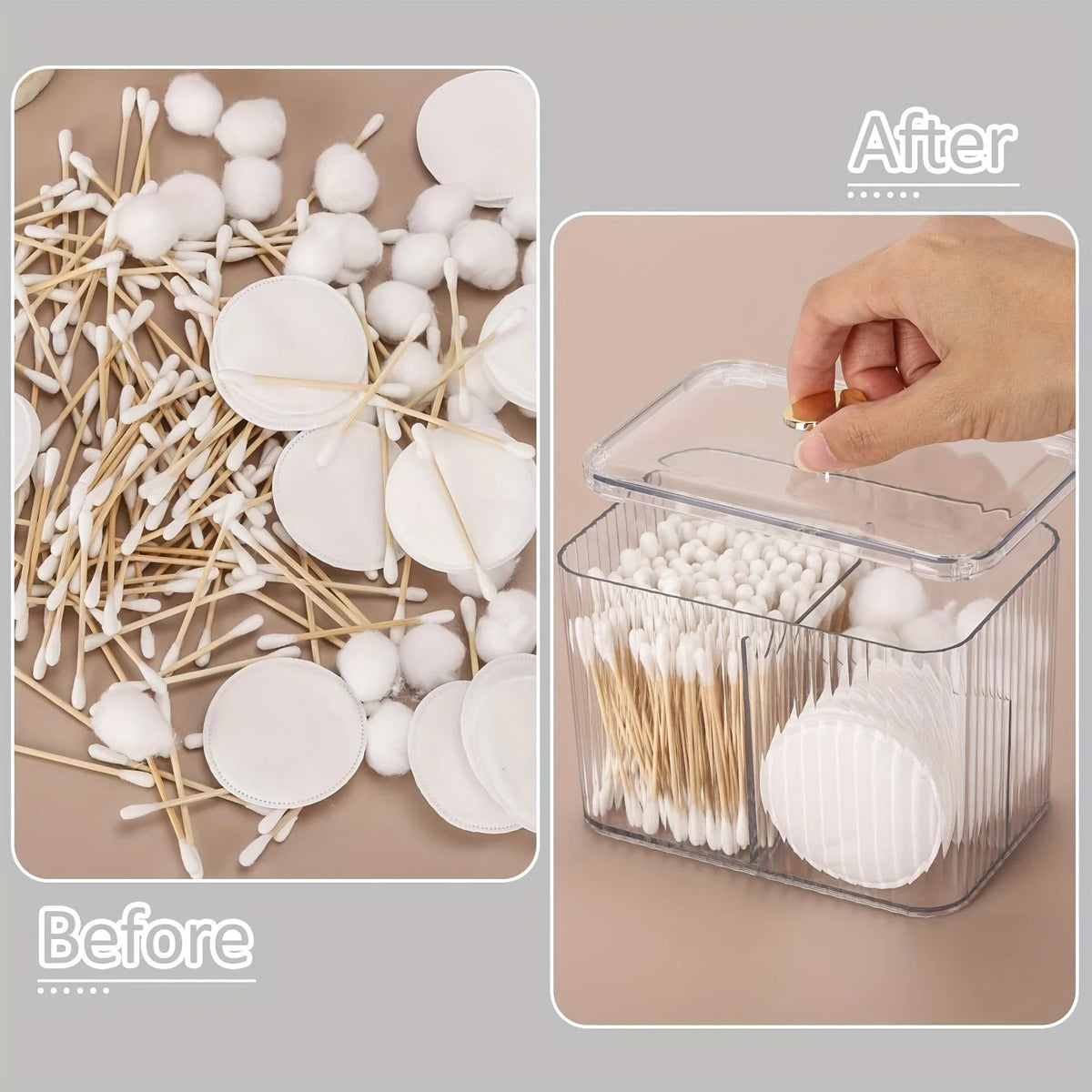 3-Section Clear Bathroom Organizer with Cotton Swab, Pad & Ball Dispenser