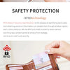 A brown leather short wallet with a zipper closure is shown being held, demonstrating RFID protection features.
