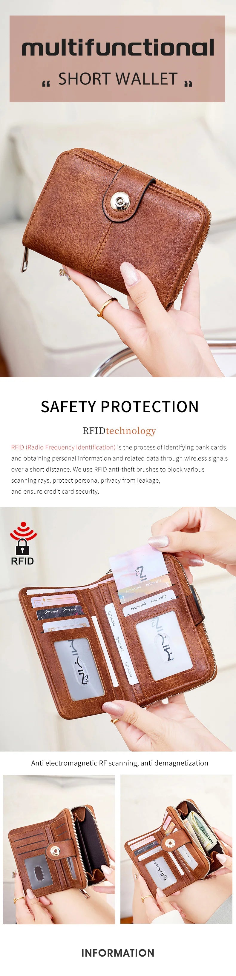A brown leather short wallet with a zipper closure is shown being held, demonstrating RFID protection features.