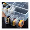 A transparent multi-compartment hardware storage box with various tools and items organized inside.