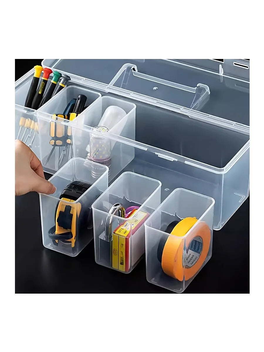 A transparent multi-compartment hardware storage box with various tools and items organized inside.