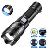 A black high-power rechargeable LED flashlight with a telescopic zoom feature and power display.