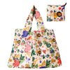 A reusable shopping tote bag featuring a floral pattern with various colorful illustrations and a matching small carry pouch.