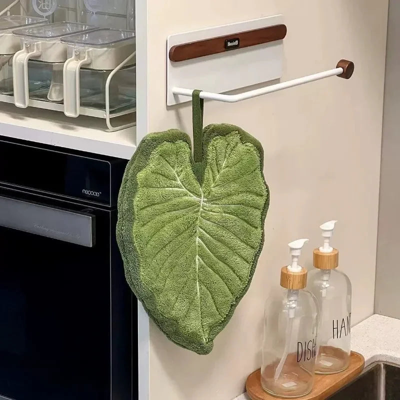 Leaf-Print Absorbent Hand Towel with Hanging Loop