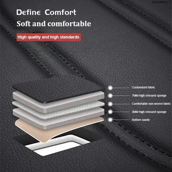 Cross-section view of a PU leather car seat cover showing layered components including fabric, sponge, and suede.