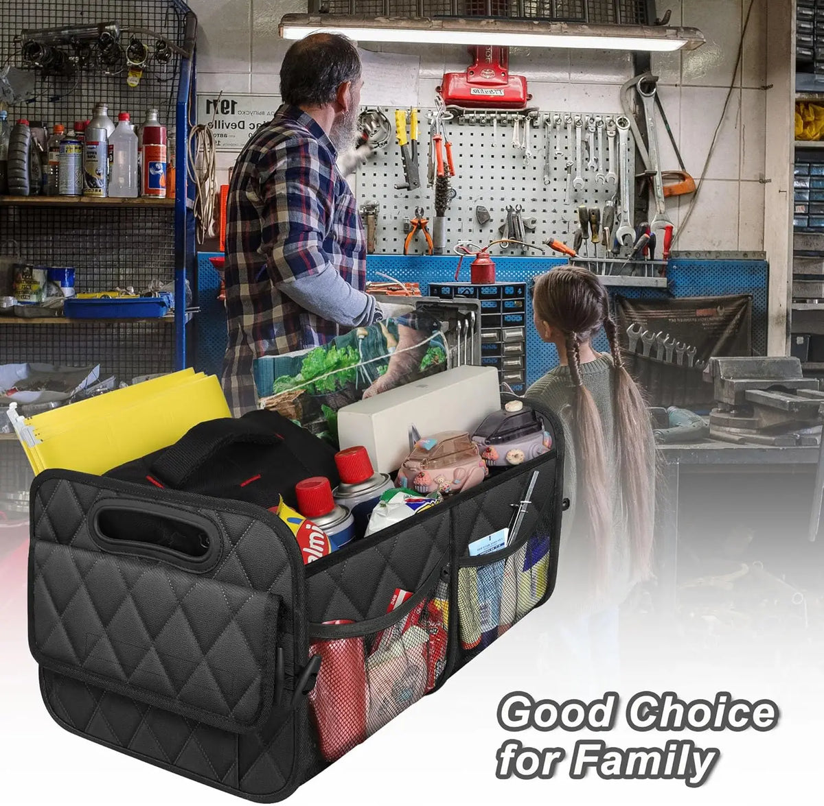 Black foldable waterproof car trunk organizer with six pockets shown in a garage setting.