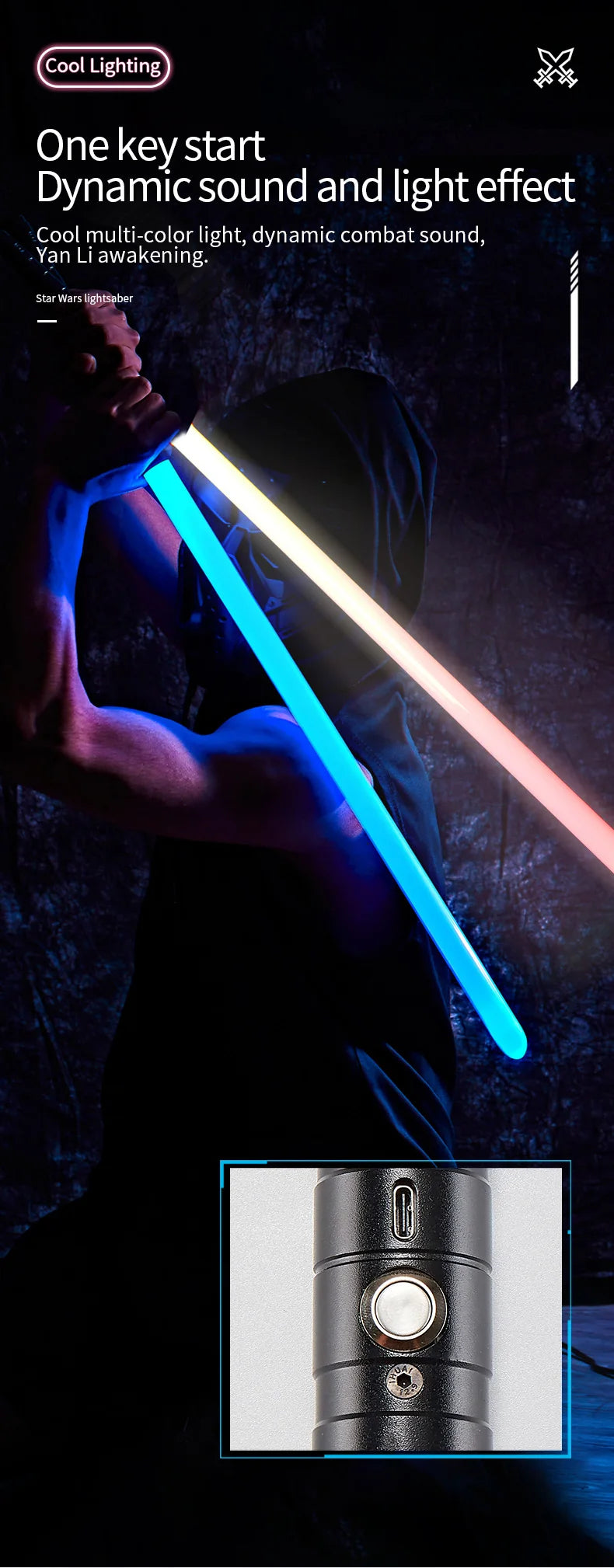 A person wielding a glowing blue lightsaber against a dark background, demonstrating dynamic light and sound effects.