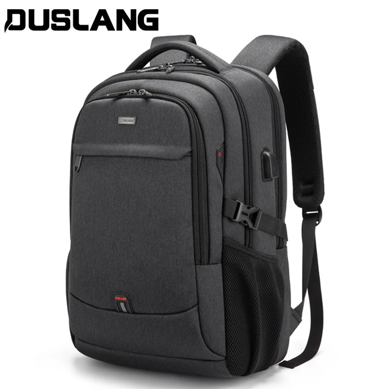 A black DUSLANG laptop backpack featuring a USB charging port and padded straps.