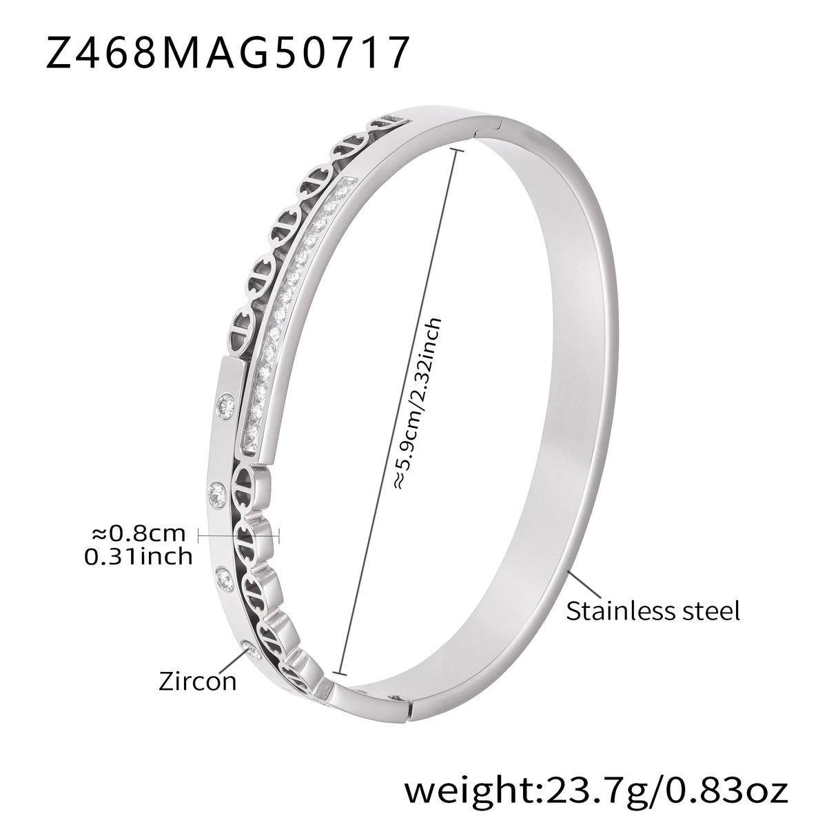 Bracelet manchette en acier inoxydable argenté orné de zircons clairs.