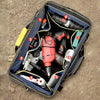 A blue tool organizer bag filled with various tools including a drill, screwdriver, and other hand tools.