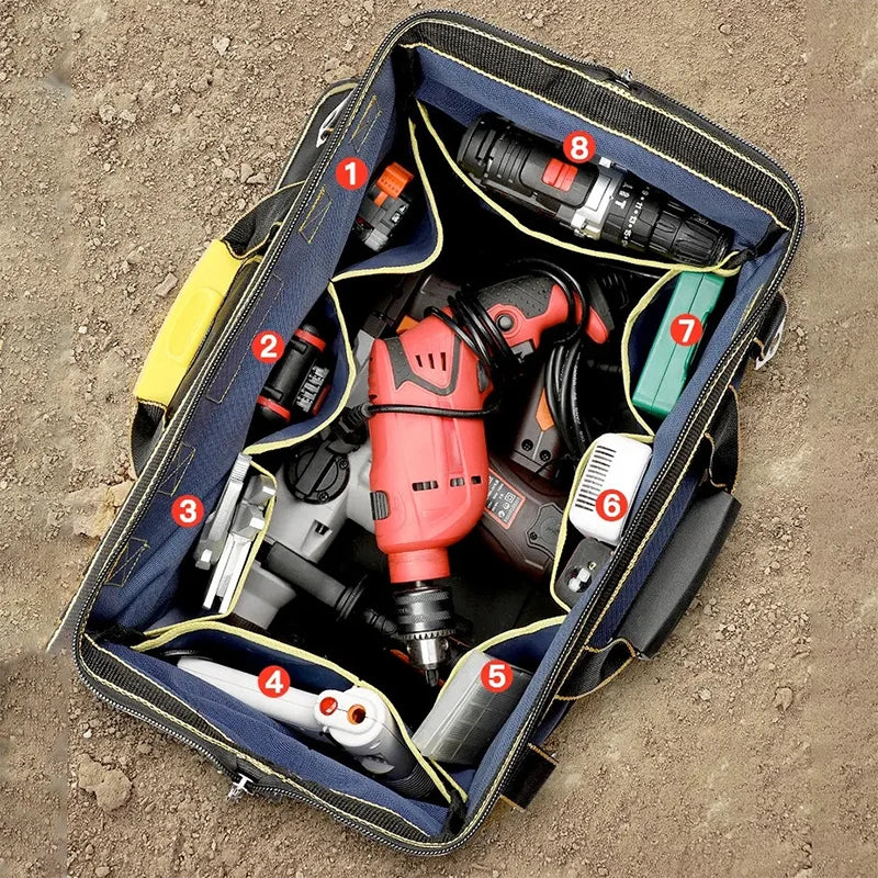 A blue tool organizer bag filled with various tools including a drill, screwdriver, and other hand tools.