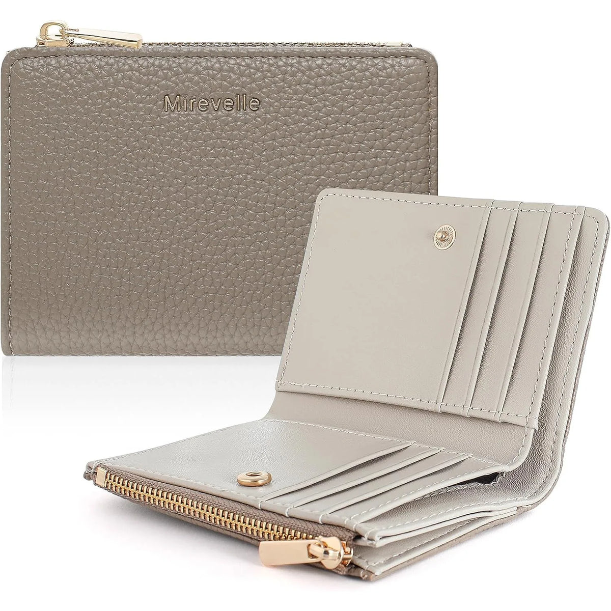 A light taupe slim bi-fold wallet with gold hardware shown open and closed.