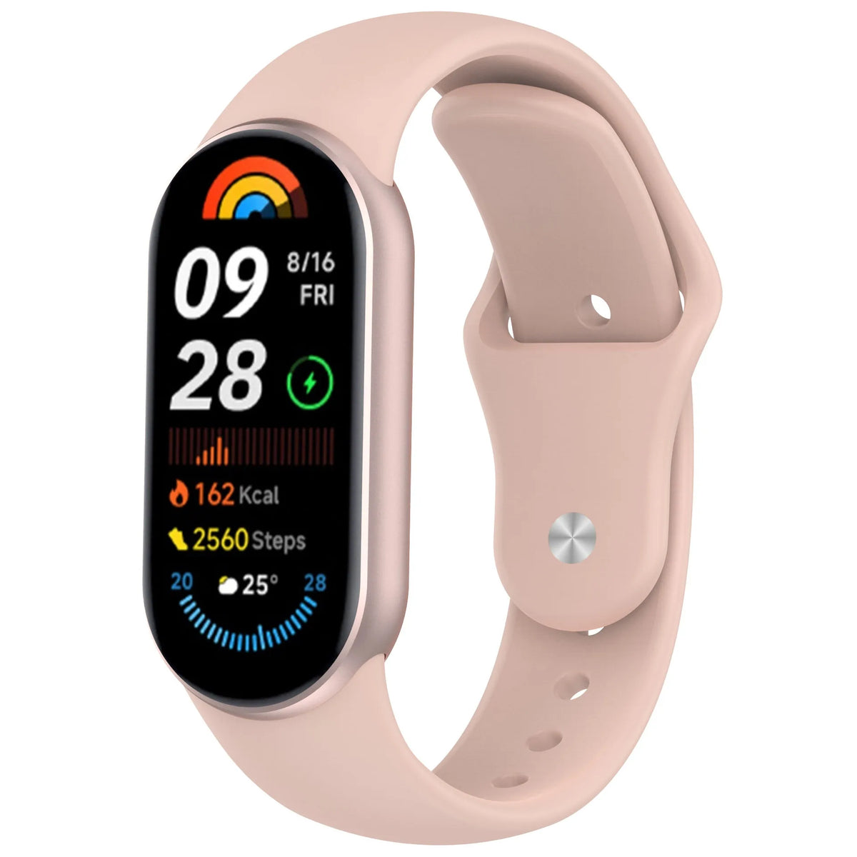 A pink silicone replacement strap for a fitness tracker, showing a digital display with time and activity metrics.