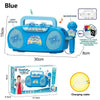 Blue kids karaoke microphone stand with built-in speaker and charging cable