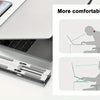 An adjustable aluminum laptop stand is shown with a laptop, demonstrating its comfort and usability features.