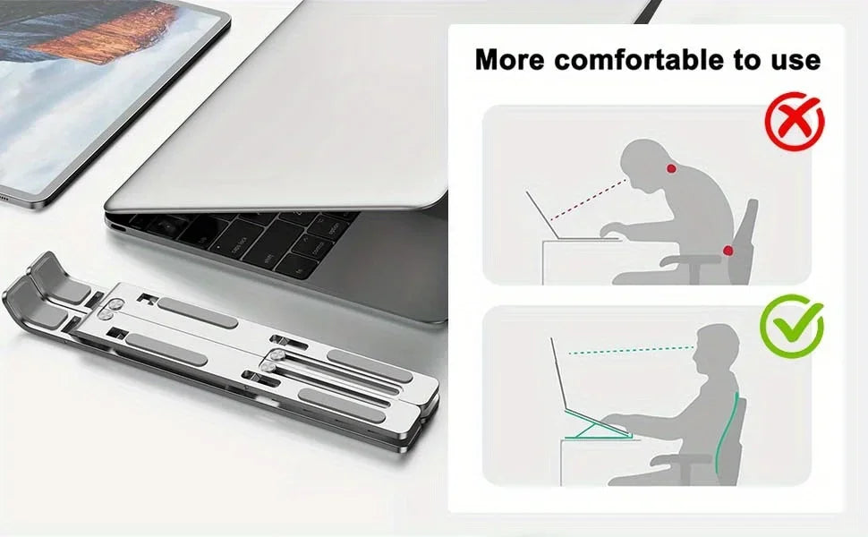 An adjustable aluminum laptop stand is shown with a laptop, demonstrating its comfort and usability features.