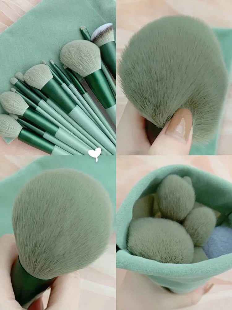 A collection of 13 makeup brushes in various shades of green and gray displayed next to a travel bag.