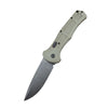 A folding pocket knife with a light tan handle and a gray blade shown from the side.