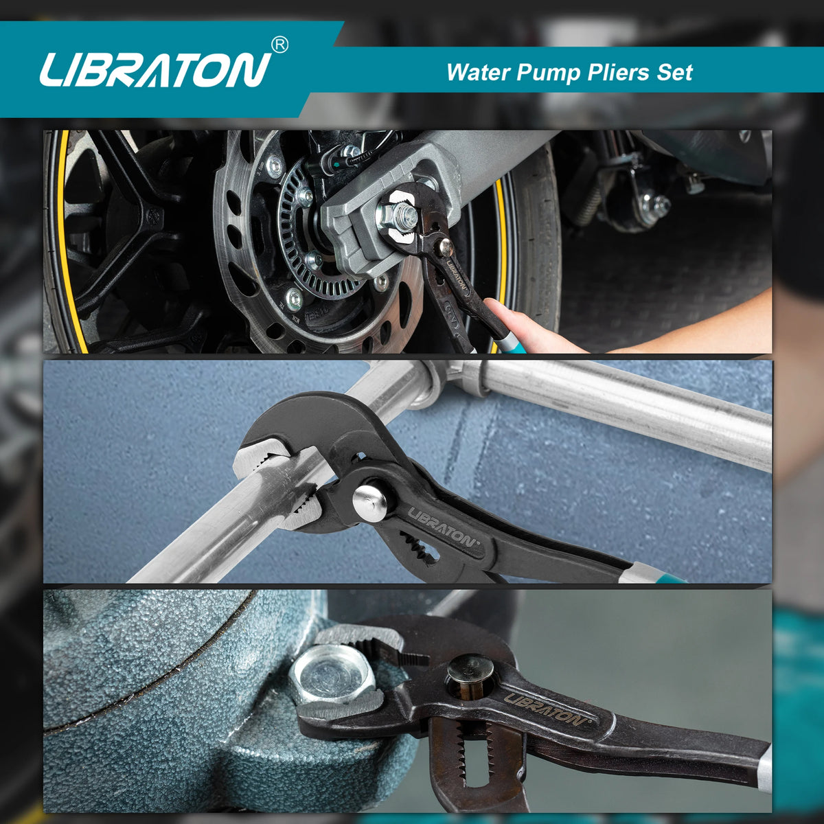 A set of Libraton water pump pliers showing different applications and designs for gripping and adjusting pumps.