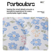 Close-up of a light blue floral quilted fabric featuring small details for comfortable sleep.