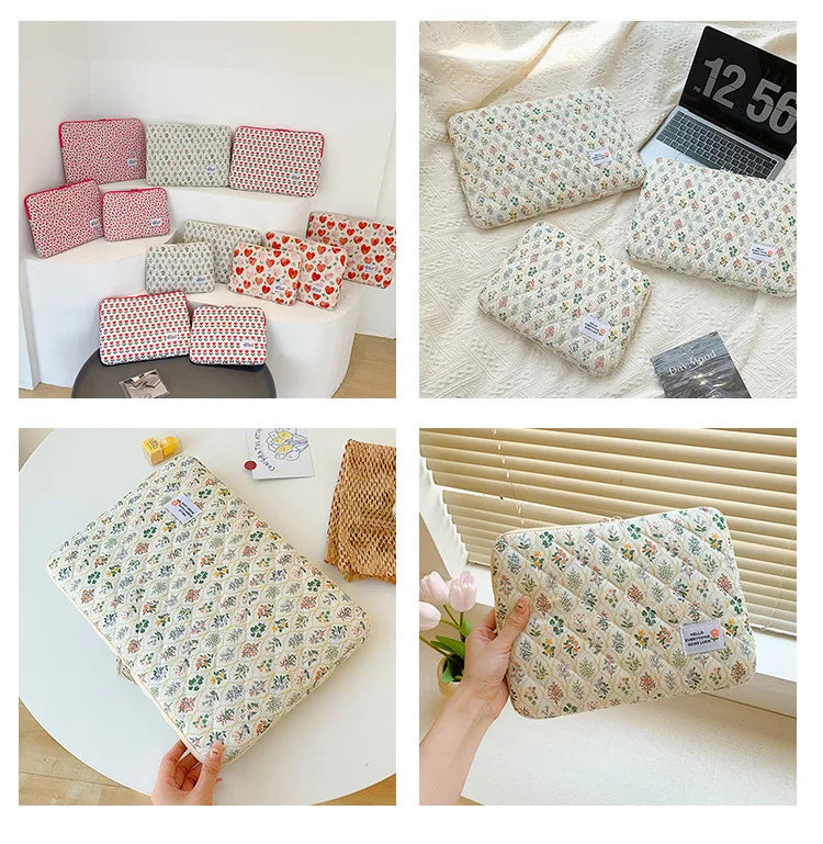 A collection of floral printed laptop sleeves in various sizes and colors displayed on a white surface.
