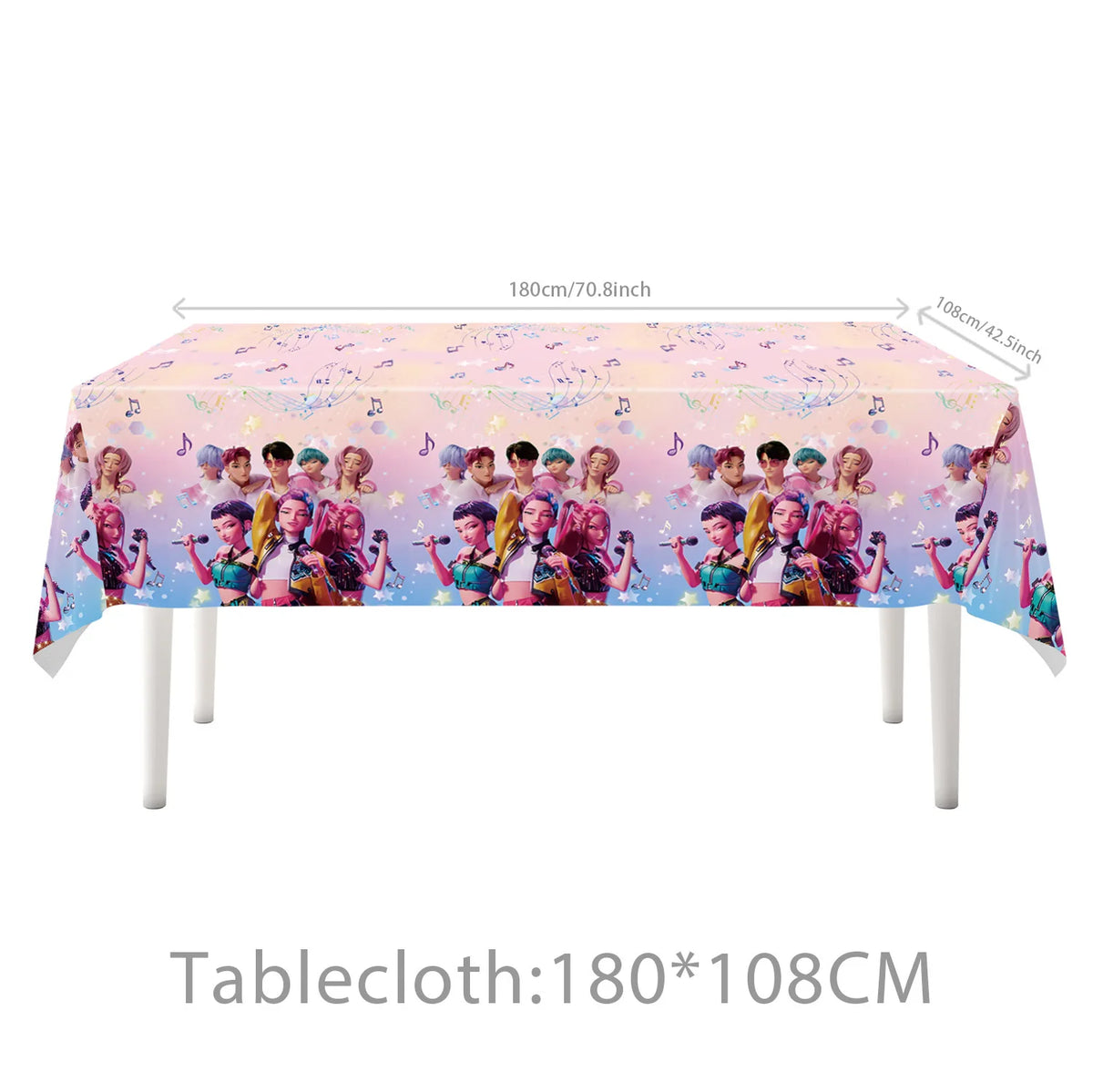Pink K-Pop themed tablecloth measuring 180x108cm decorated with colorful idols