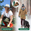 A woman wearing adjustable lawn aerator shoes with heavy-duty spikes is shown working in a garden, while another person pierc