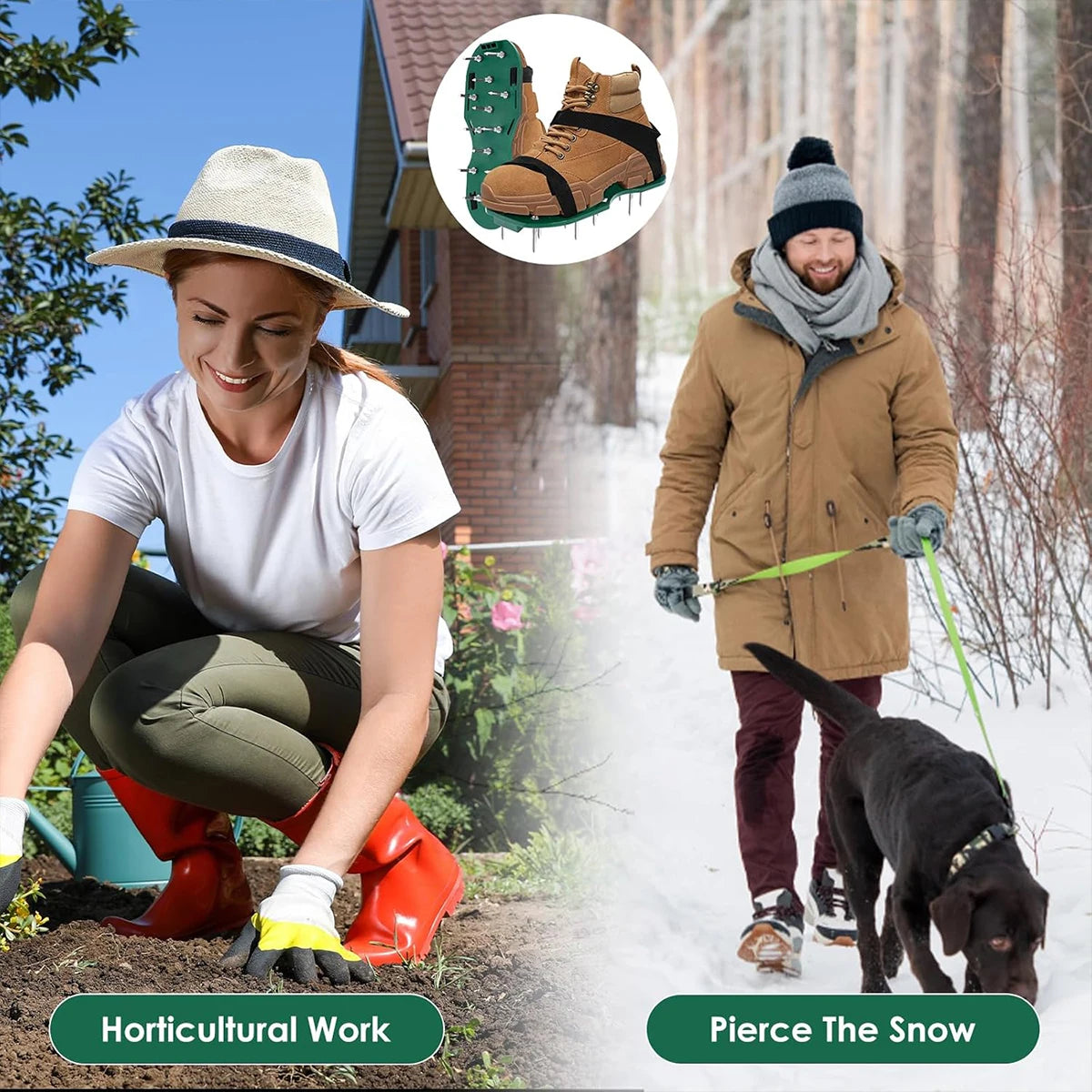 A woman wearing adjustable lawn aerator shoes with heavy-duty spikes is shown working in a garden, while another person pierc
