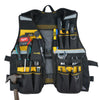 A black tool vest with multiple pockets and a phone holder is displayed against a white background.