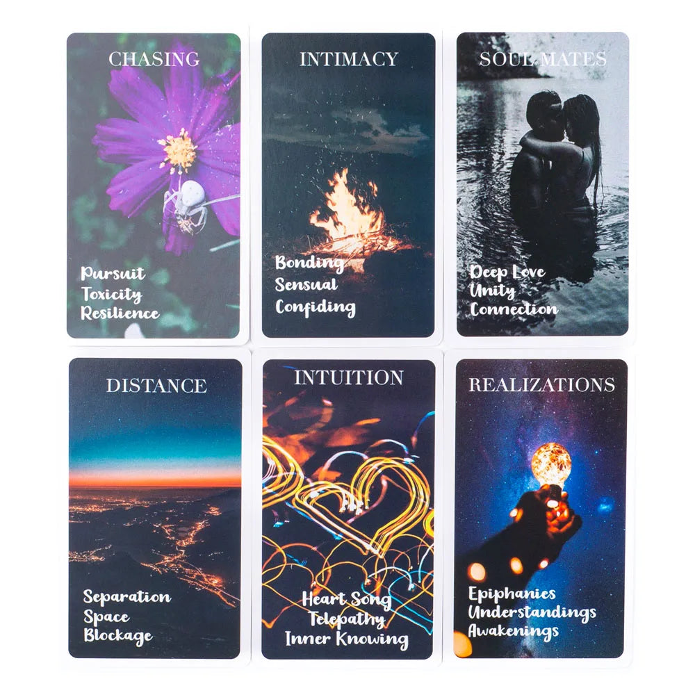 A set of nine oracle cards featuring various themes like Chasing, Intimacy, Soulmates, Distance, Intuition, and Realizations.