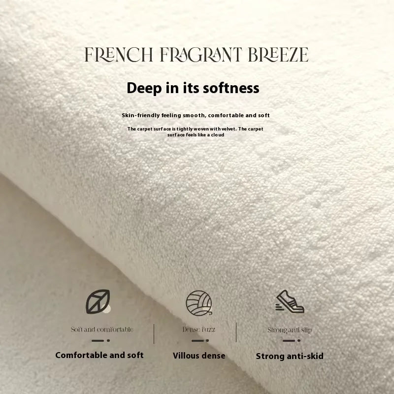 A close-up of a white, fluffy rug texture with text describing its softness and non-slip properties.