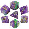 A set of seven polyhedral dice in shades of purple and green, showing various numbers.