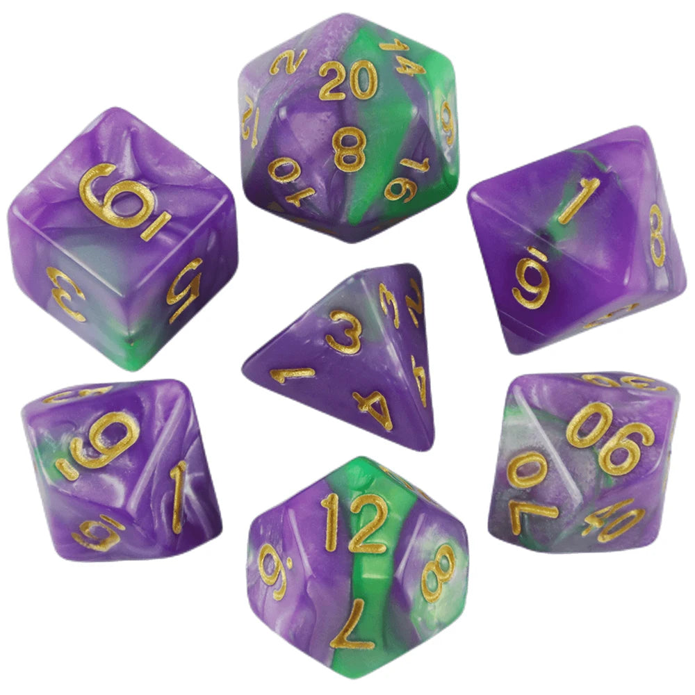A set of seven polyhedral dice in shades of purple and green, showing various numbers.