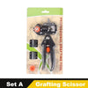 A set of professional grafting tools including a precision pruner with three interchangeable blades for fruit trees and vines