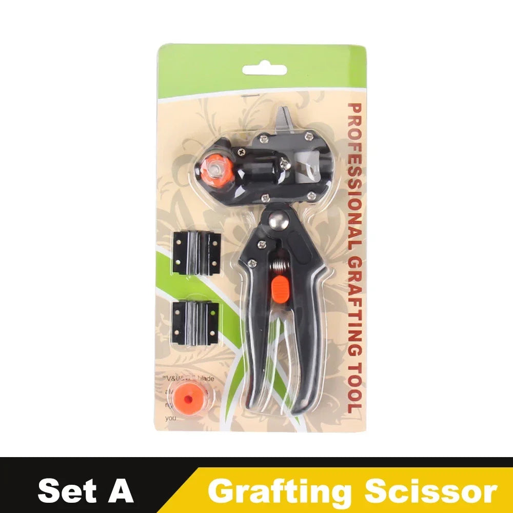 A set of professional grafting tools including a precision pruner with three interchangeable blades for fruit trees and vines