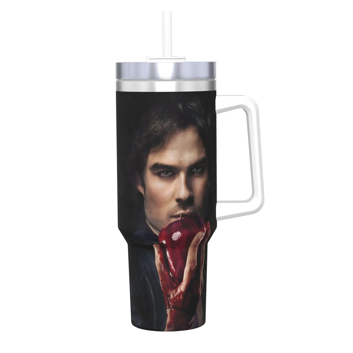 A black and white graphic of a man's face with red hand visible on an insulated stainless steel tumbler.