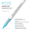 A white acrylic paint marker set with a light blue tip is shown diagonally against a white background.