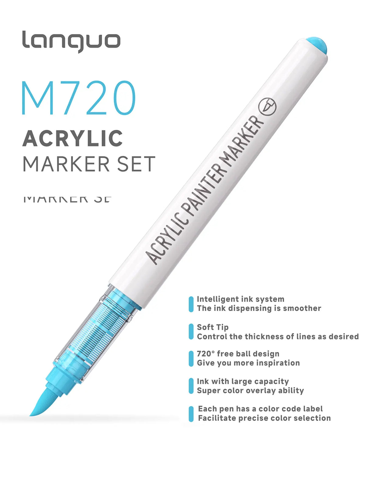 A white acrylic paint marker set with a light blue tip is shown diagonally against a white background.