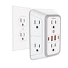 A white 6-outlet surge protector power strip with four USB charging ports.
