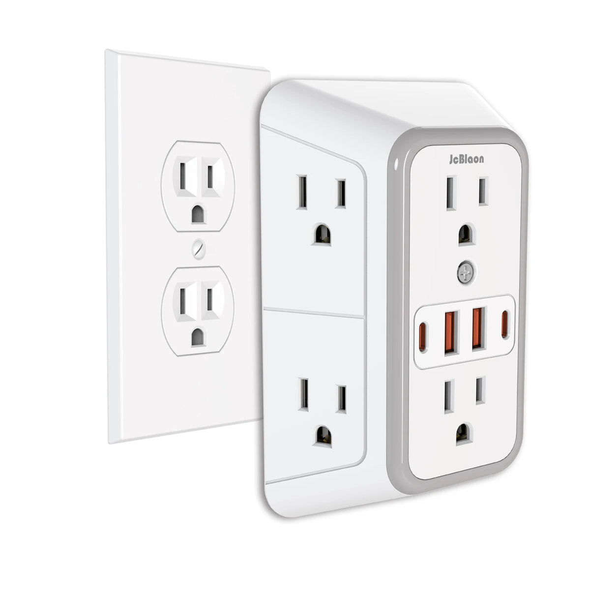 A white 6-outlet surge protector power strip with four USB charging ports.