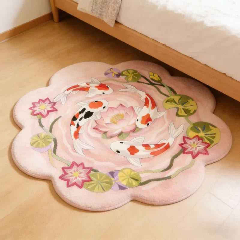 A pink plush rug featuring a pattern of koi fish and flowers on a light wooden floor.